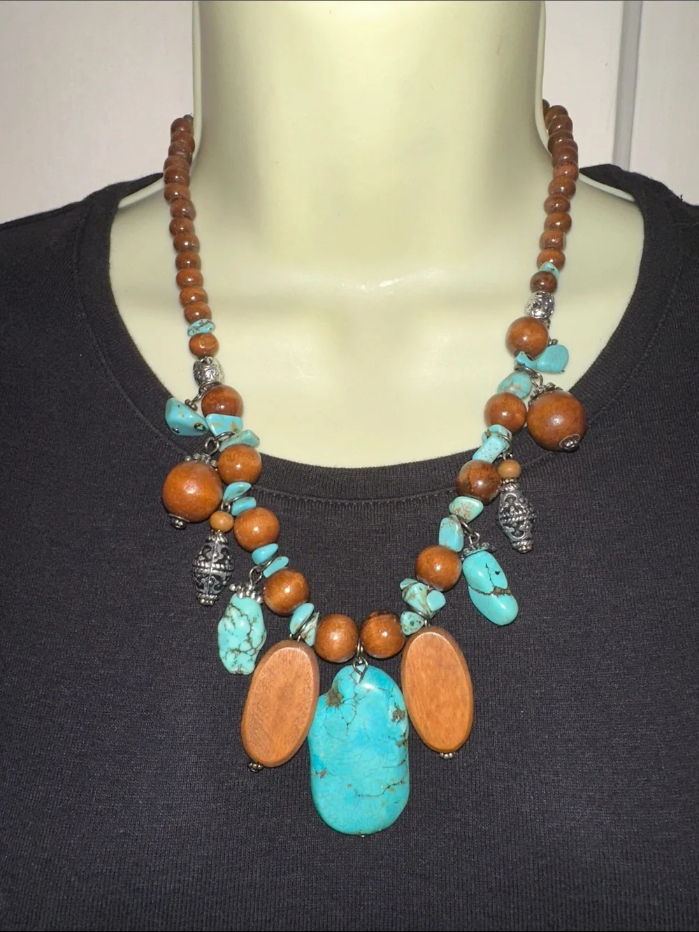 Turquoise and Wood Beaded Layered Bib Statement Necklace
